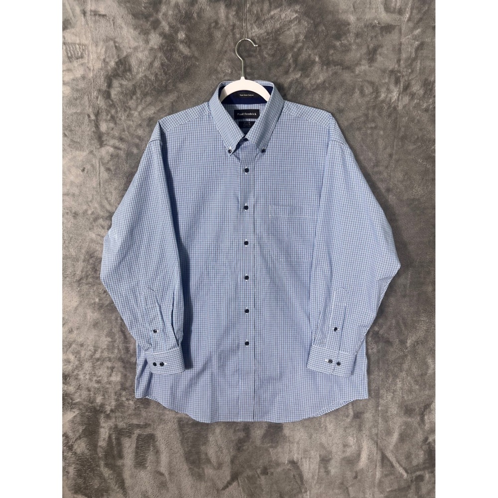 Paul Fredrick Mens Blue Check Non-Iron Cotton Shirt Classic Fit 16.5 x 32